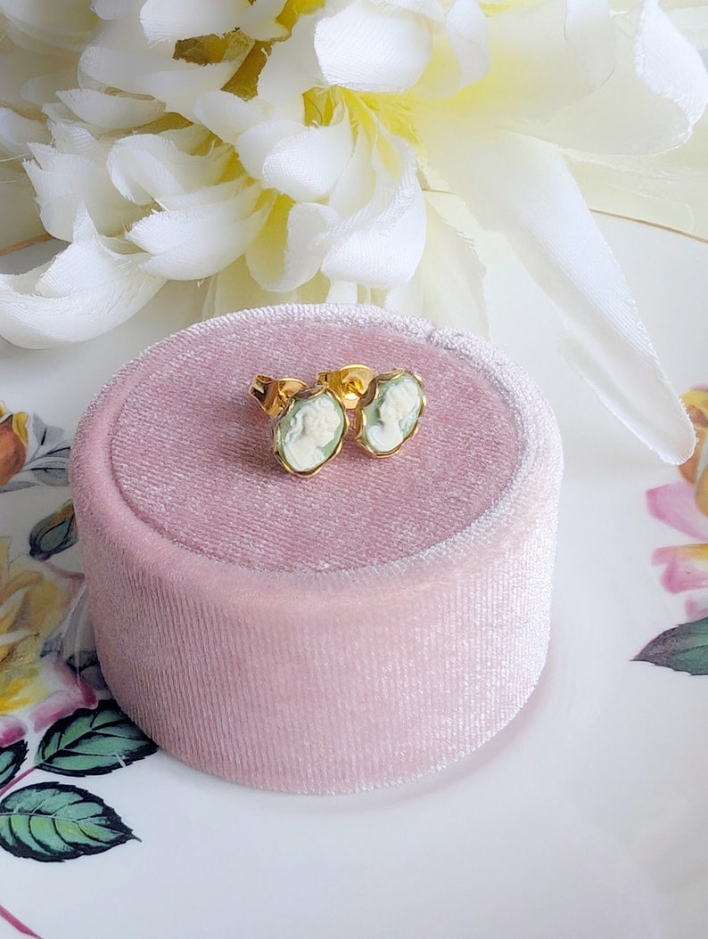 Tiny Green Cameo Earrings: Gold Plated Hypoallergenic Studs