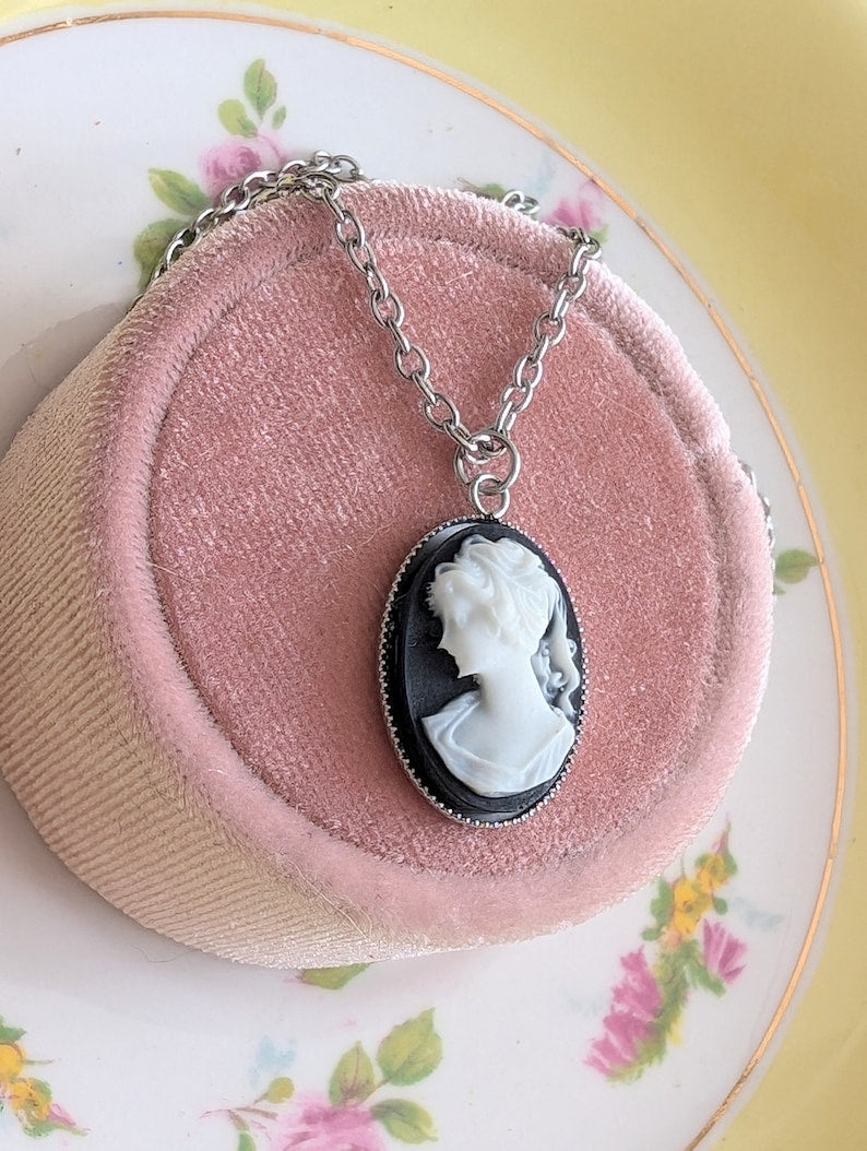 Black Cameo Necklace, Victorian Style Stainless Steel Pendant