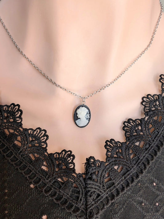 Black Cameo Necklace, Victorian Style Stainless Steel Pendant