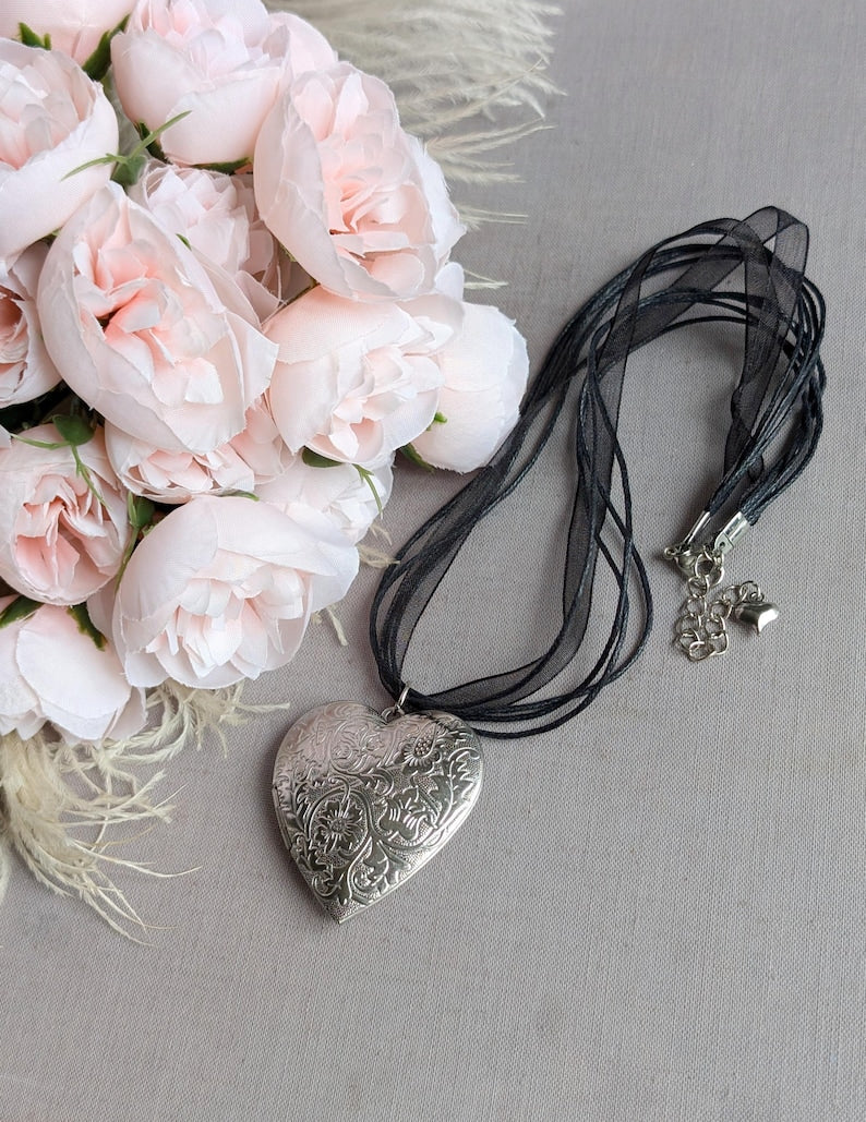 Floral Engraved Heart Locket Choker, Silver Plated Ribbon Necklace
