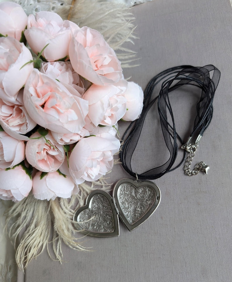 Floral Engraved Heart Locket Choker, Silver Plated Ribbon Necklace