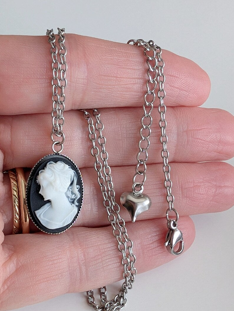 Black Cameo Necklace, Victorian Style Stainless Steel Pendant