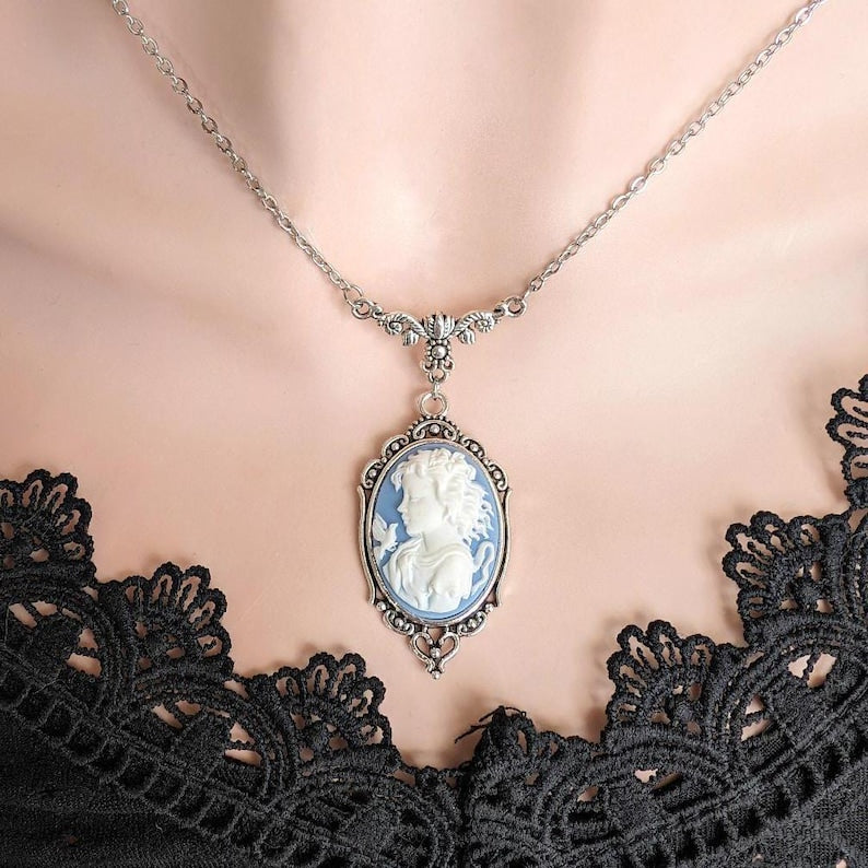 Victorian Goddess Cameo Necklace, Antique Silver Wedding Jewelry