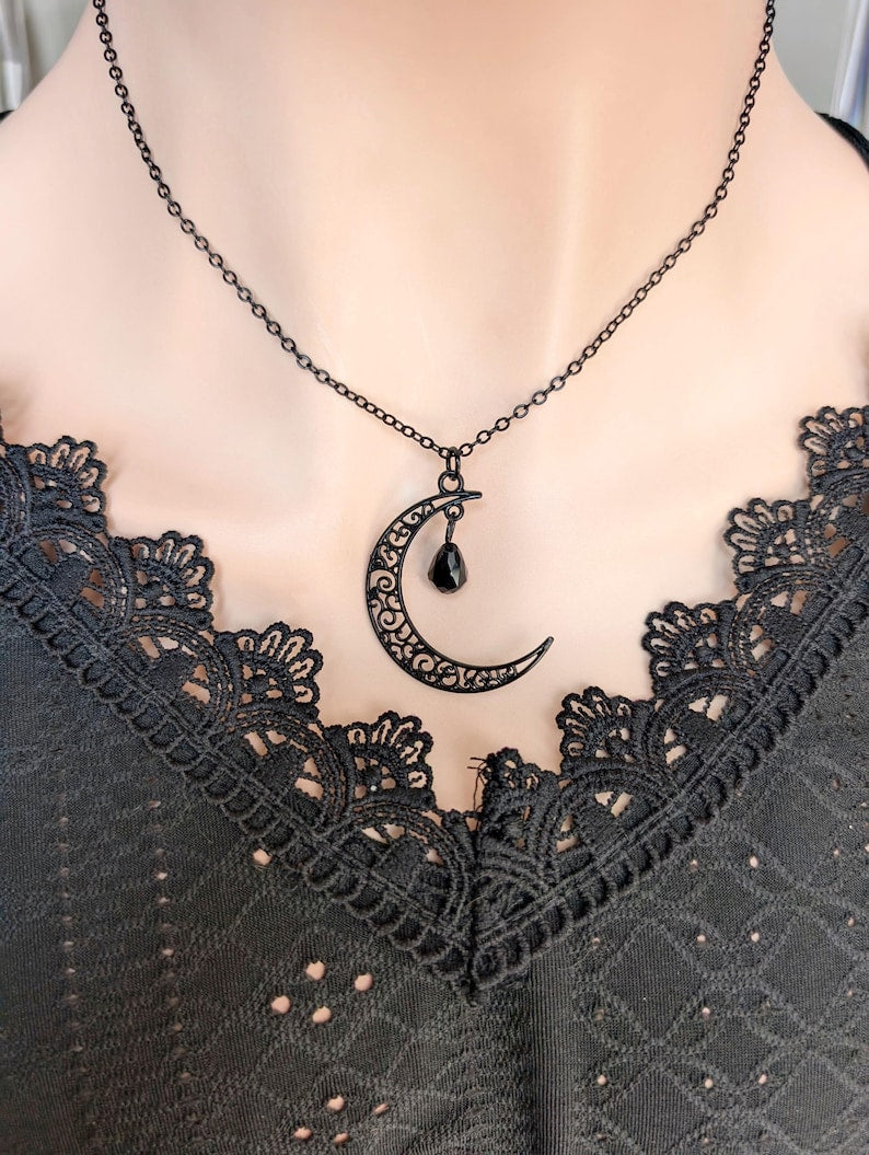 Black Crescent Moon Necklace: Gothic Crystal Celestial Pendant