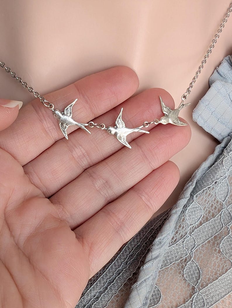 Silver Swallow Necklace | Three Bird Pendant, Minimalist Jewelry