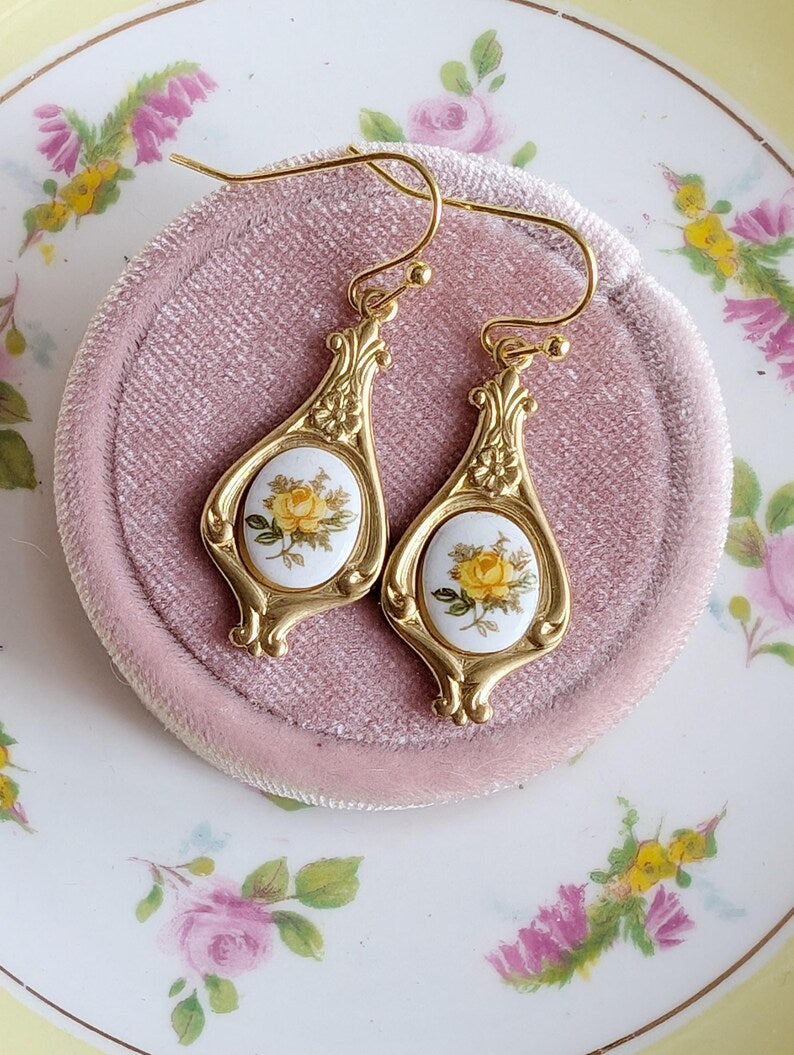 Yellow Rose Limoges Earrings – Vintage Floral Art Nouveau Jewelry