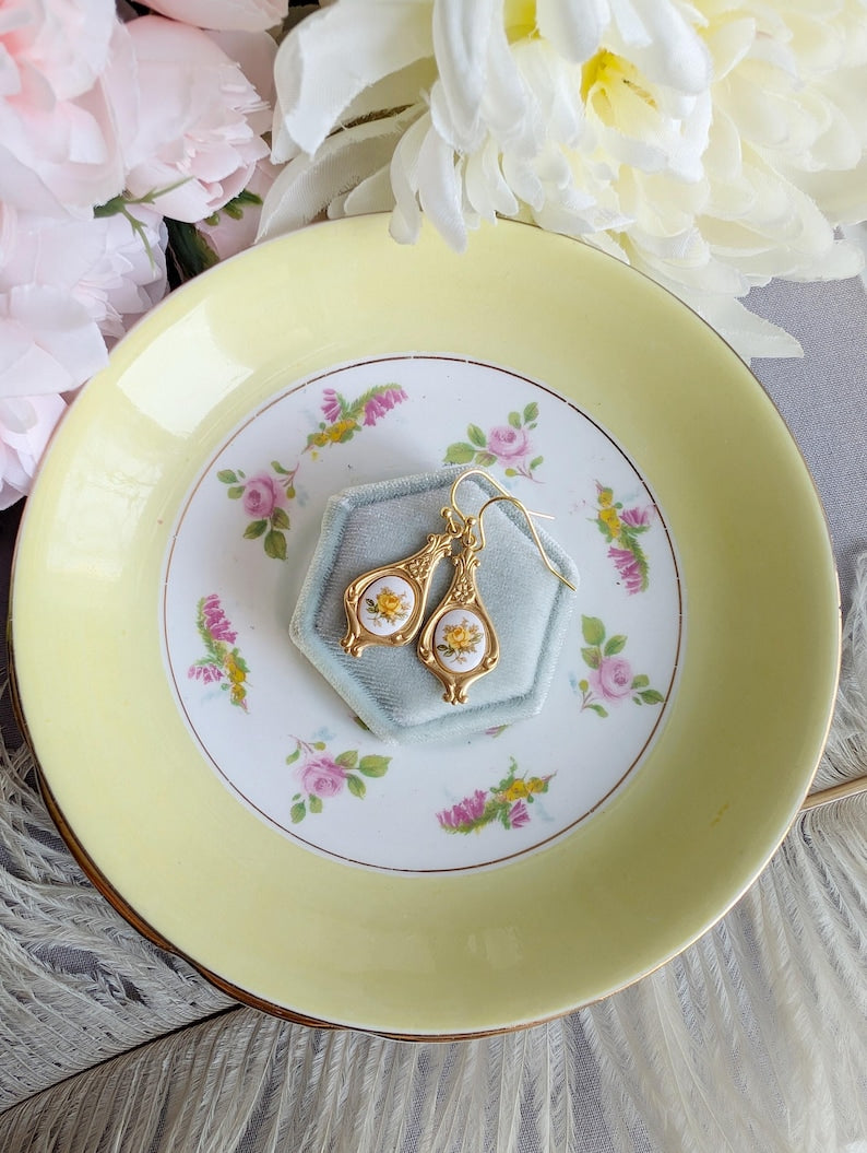 Yellow Rose Limoges Earrings – Vintage Floral Art Nouveau Jewelry