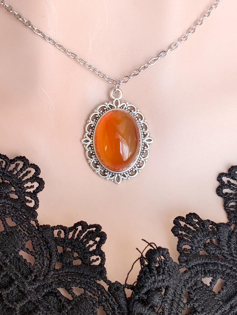 Carnelian Necklace, Lacy Antiqued Silver Pendant, Romantic Crystal Jewelry