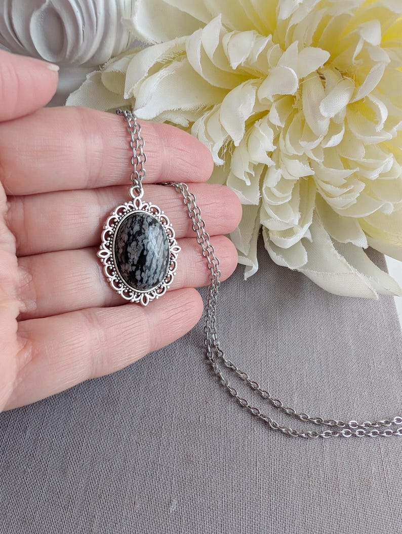 Snowflake Obsidian Necklace, Gothic Vintage Crystal Pendant Jewelry