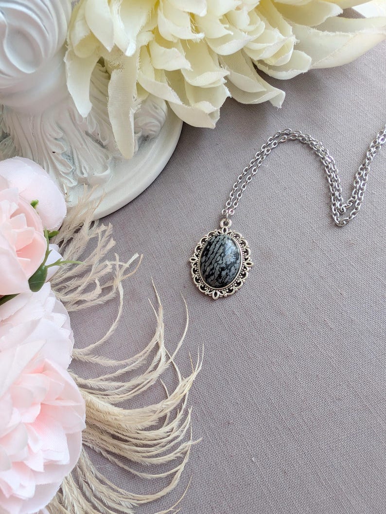 Snowflake Obsidian Necklace, Gothic Vintage Crystal Pendant Jewelry