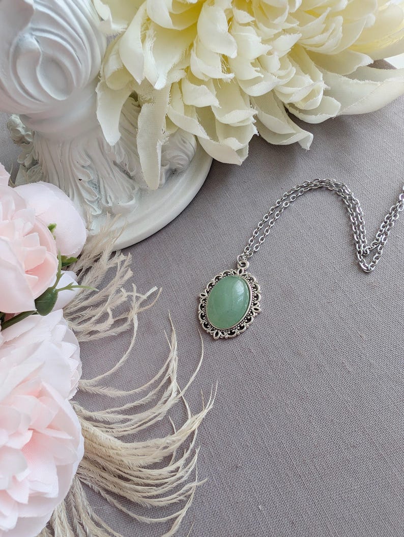 Aventurine Necklace, Green Gemstone Lacy Pendant, Boho Crystal Jewelry