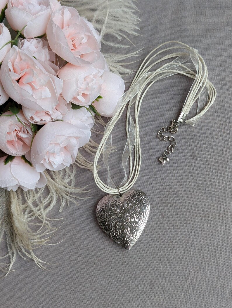 Floral Engraved Heart Locket Choker, Silver Plated Ribbon Necklace