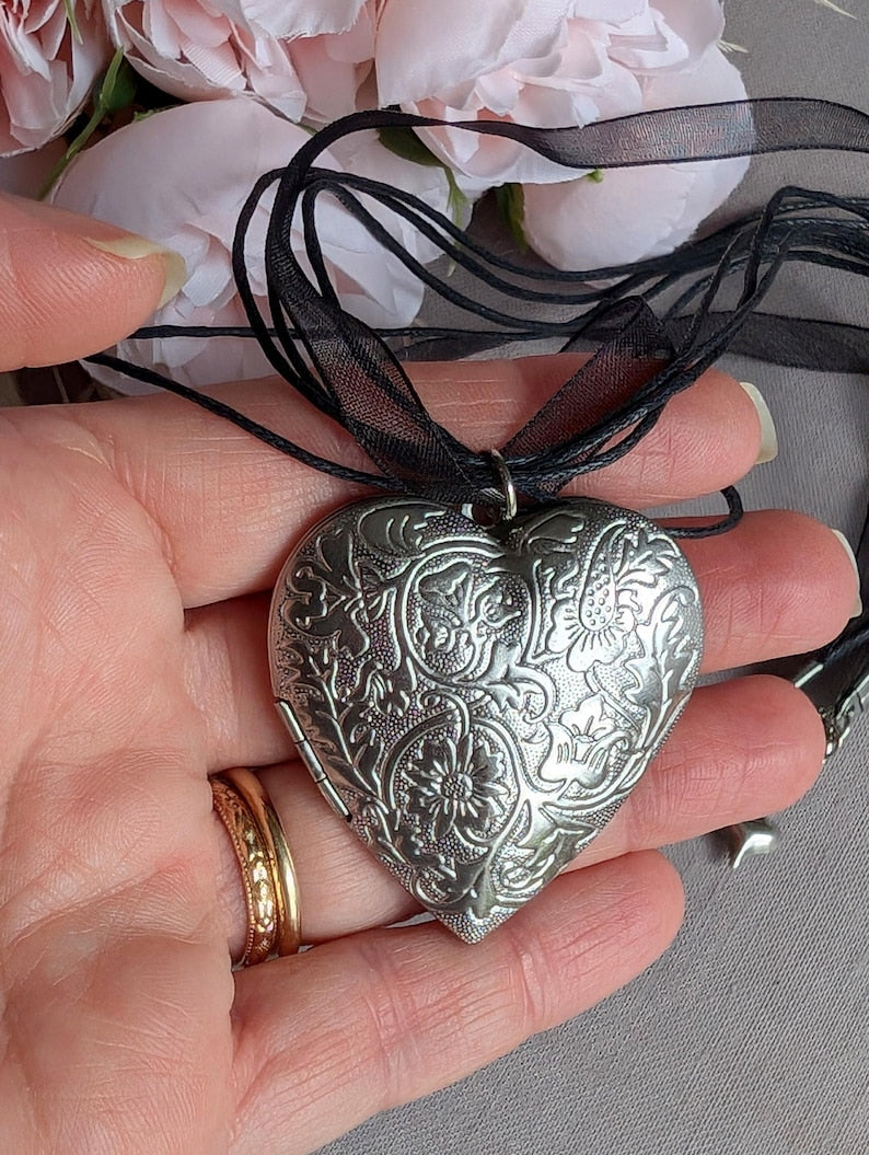 Floral Engraved Heart Locket Choker, Silver Plated Ribbon Necklace