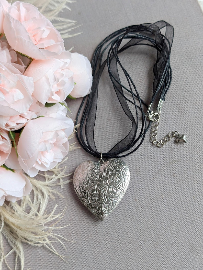 Floral Engraved Heart Locket Choker, Silver Plated Ribbon Necklace