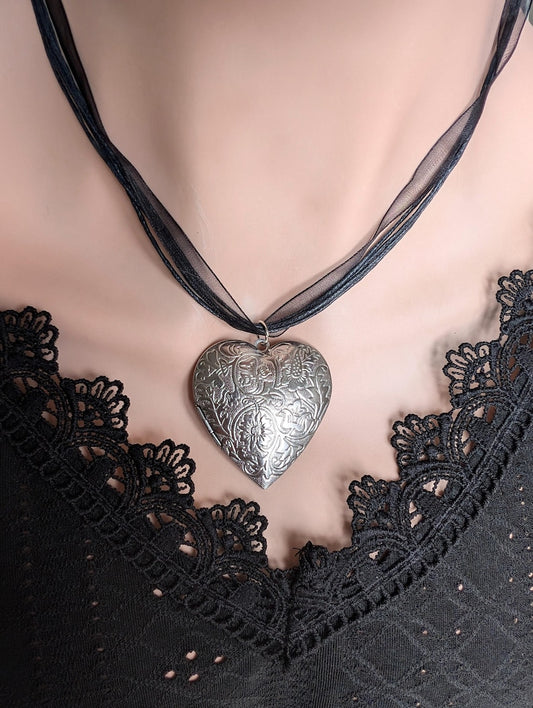 Floral Engraved Heart Locket Choker, Silver Plated Ribbon Necklace
