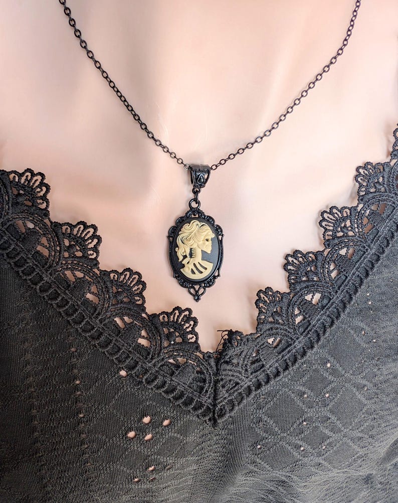Black Skull Cameo Necklace: Gothic Skeleton Pendant
