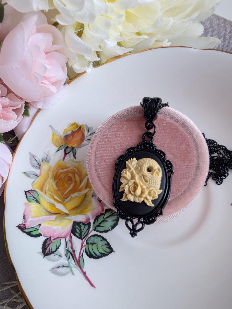 Black Sugar Skull Cameo Necklace, Gothic Jewelry