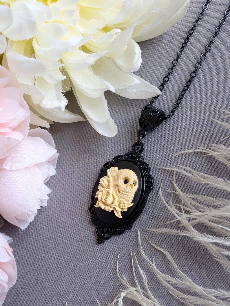Black Sugar Skull Cameo Necklace, Gothic Jewelry