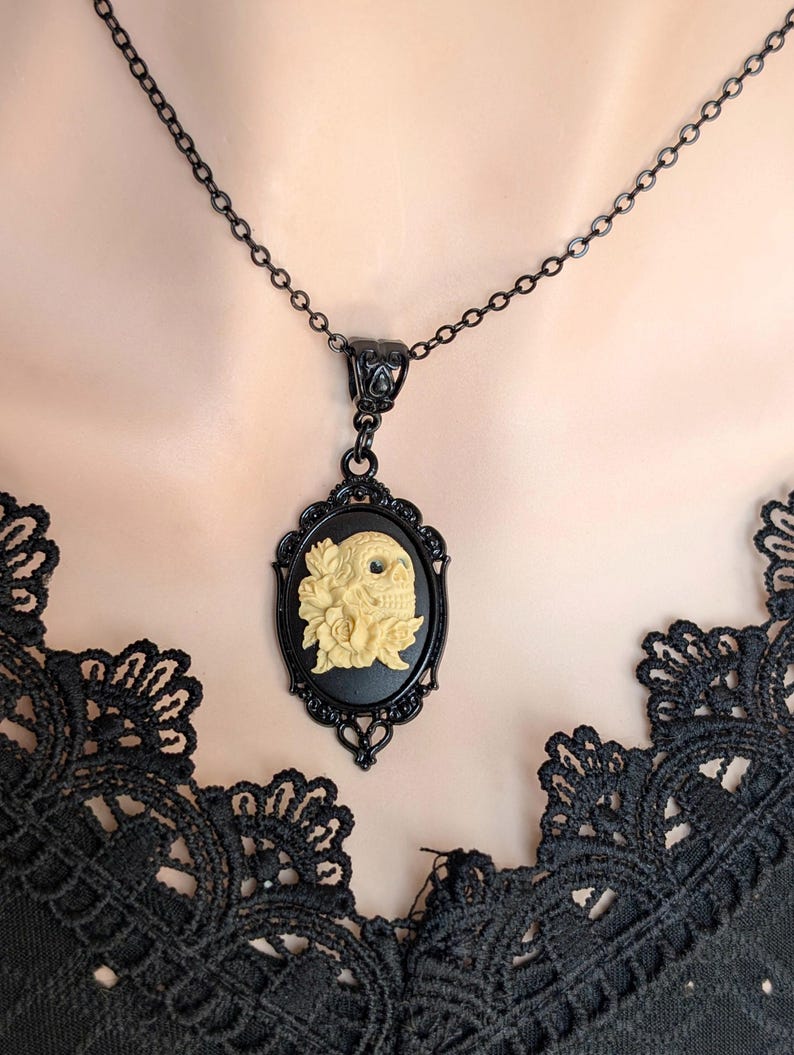 Black Sugar Skull Cameo Necklace, Gothic Jewelry