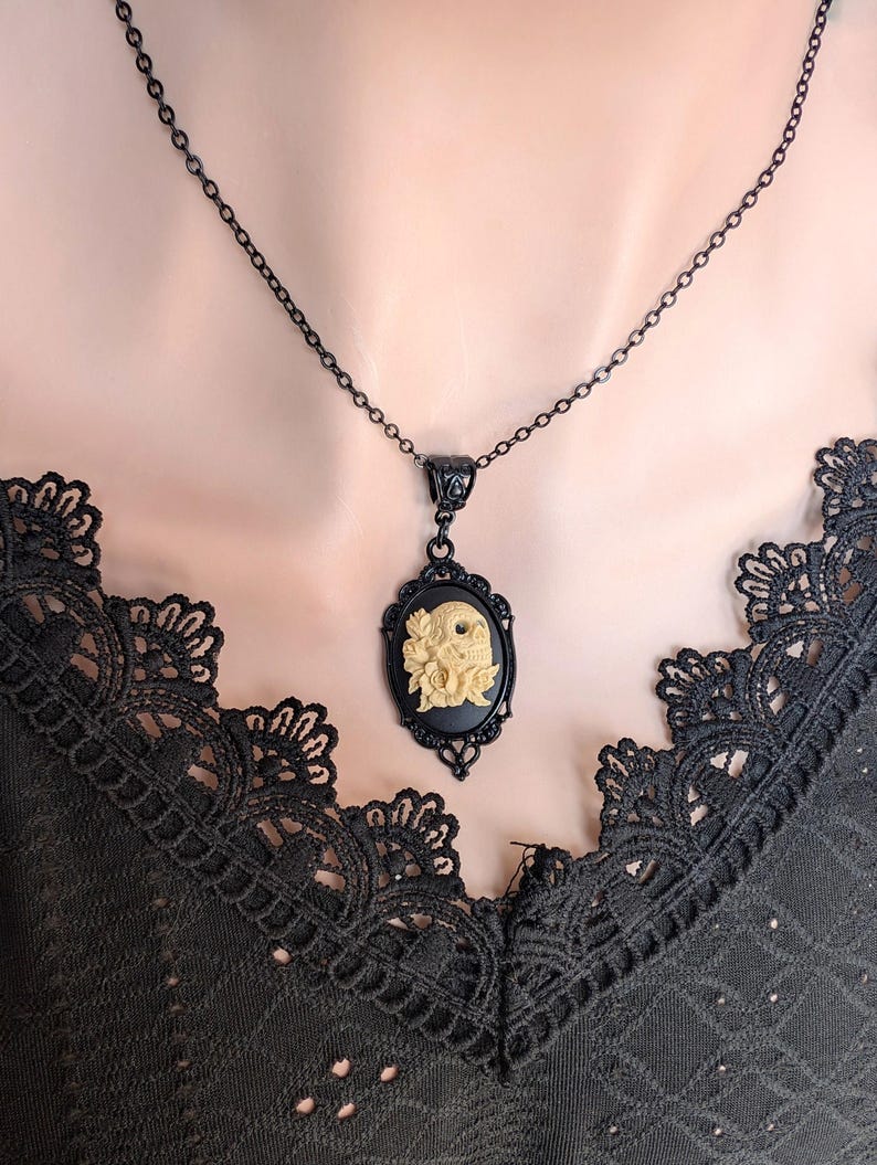 Black Sugar Skull Cameo Necklace, Gothic Jewelry