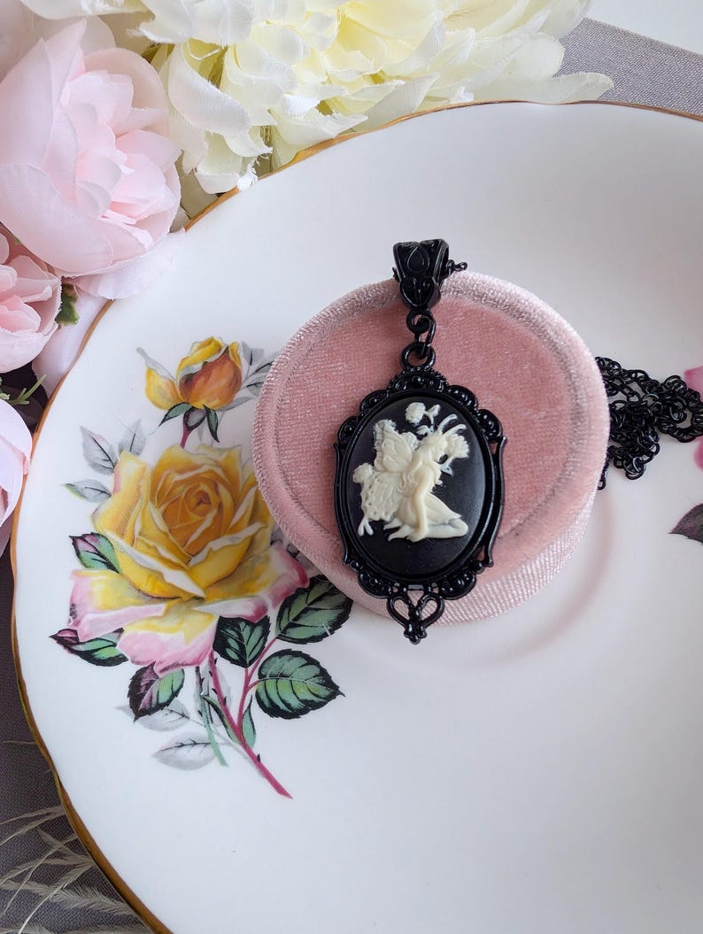 Black Fairy Cameo Necklace, Woodland Fae Pendant, Gothic Jewelry