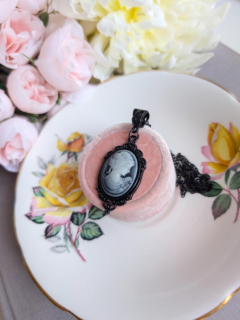 Gothic Blue Cameo Necklace: Ornate Black Vintage Style Jewelry