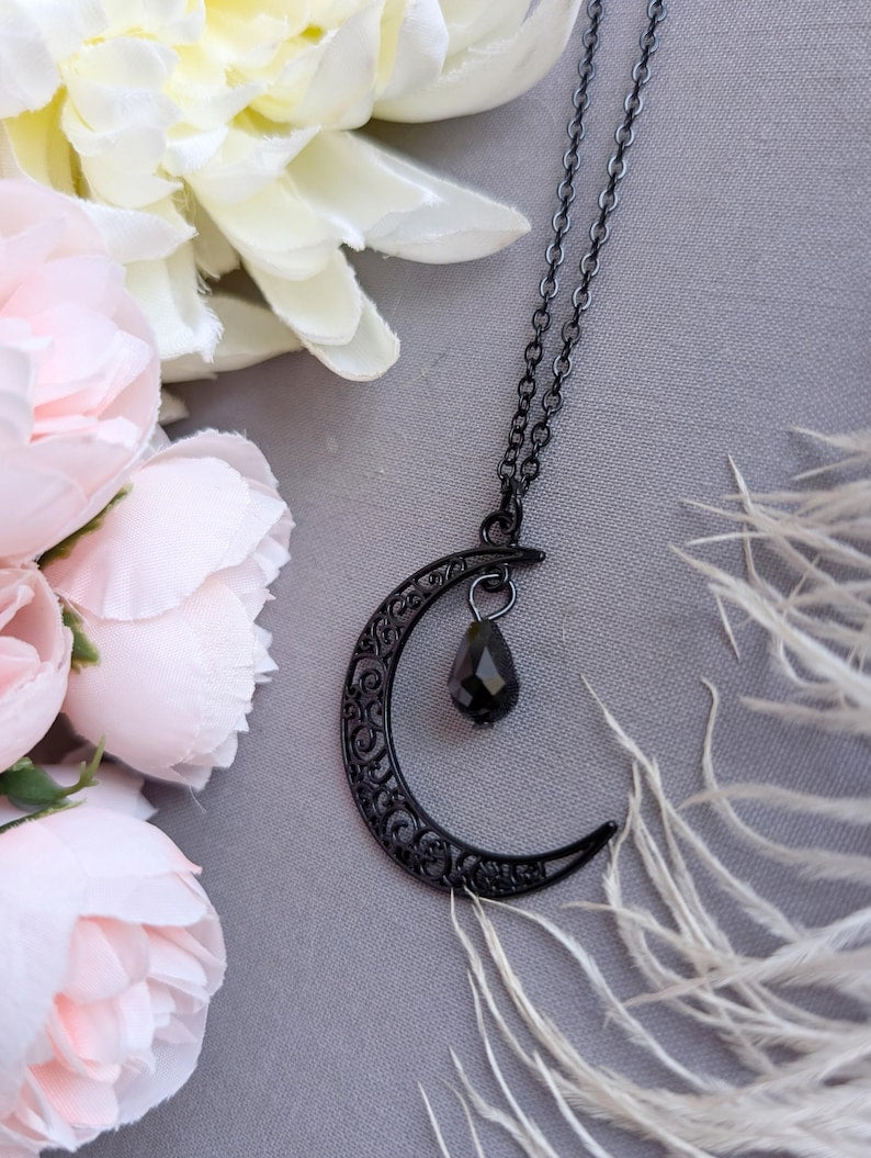 Black Crescent Moon Necklace: Gothic Crystal Celestial Pendant