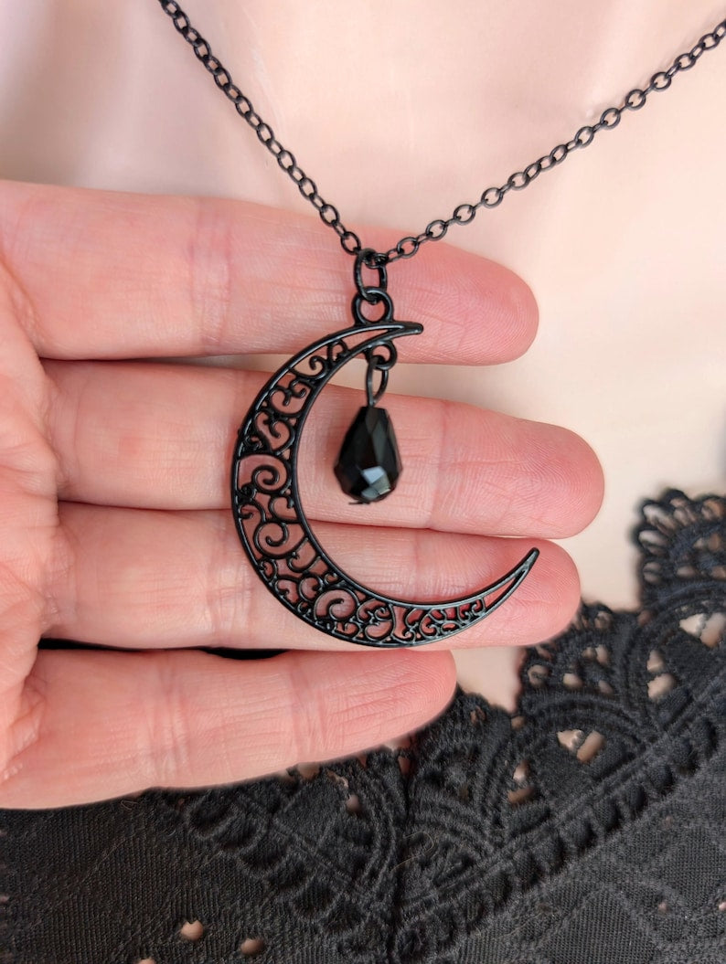 Black Crescent Moon Necklace: Gothic Crystal Celestial Pendant