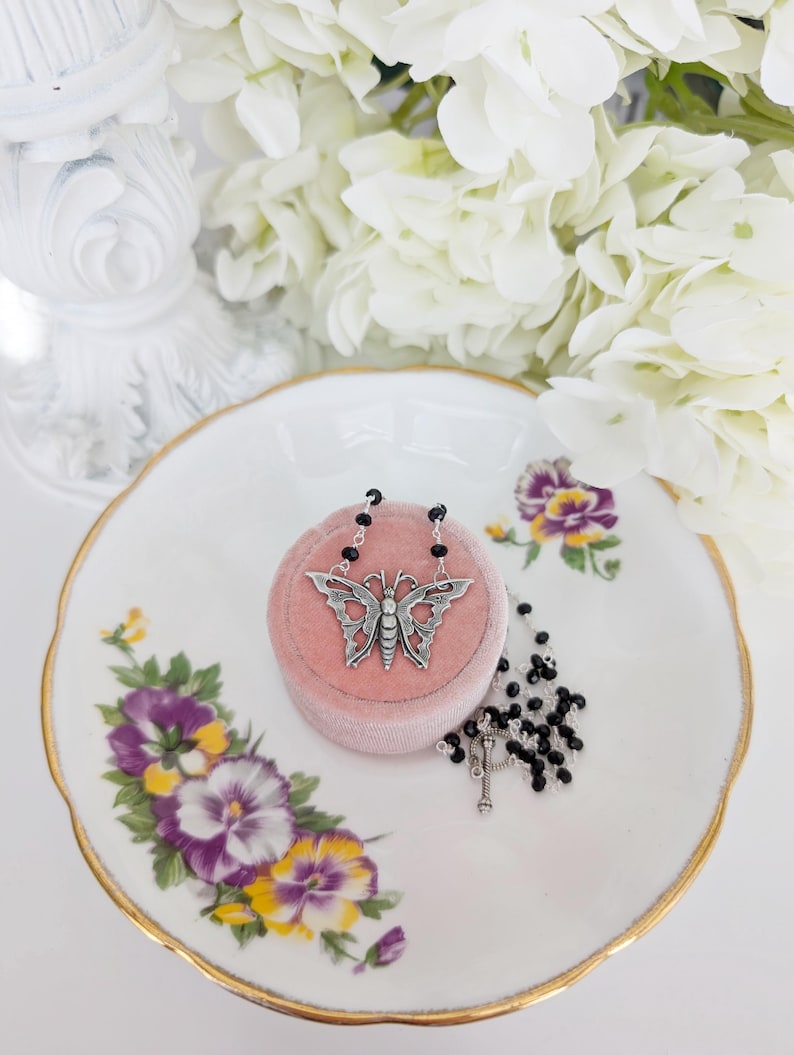 Silver Butterfly Choker, Black Rosary Chain, Art Nouveau Pendant