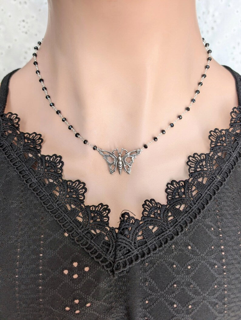 Silver Butterfly Choker, Black Rosary Chain, Art Nouveau Pendant