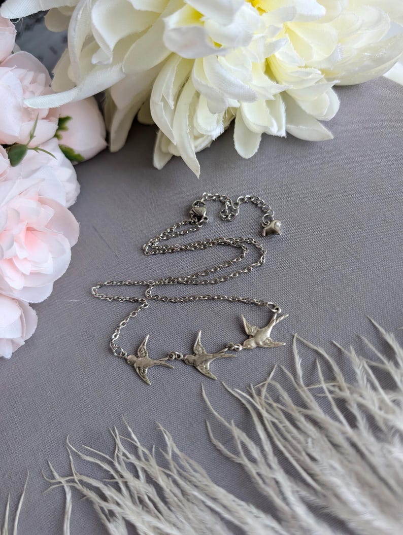 Silver Swallow Necklace | Three Bird Pendant, Minimalist Jewelry
