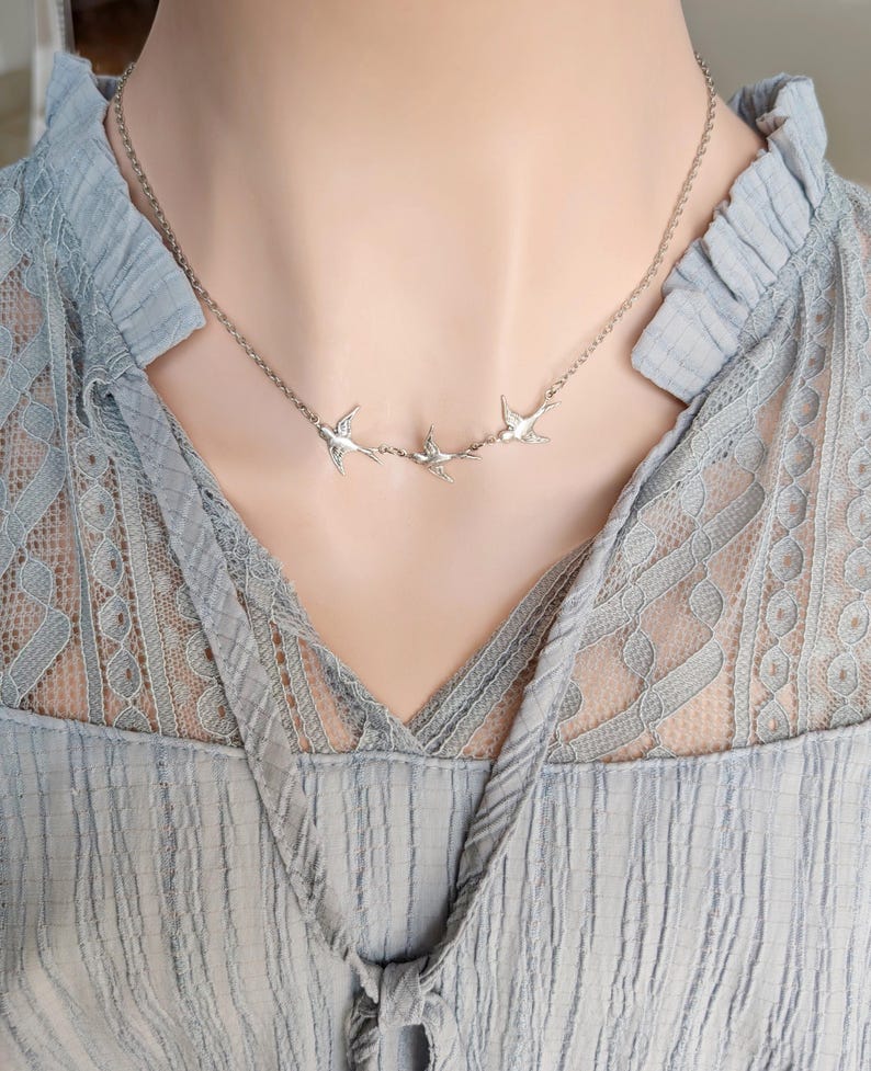 Silver Swallow Necklace | Three Bird Pendant, Minimalist Jewelry