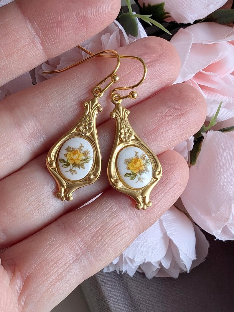 Yellow Rose Limoges Earrings – Vintage Floral Art Nouveau Jewelry