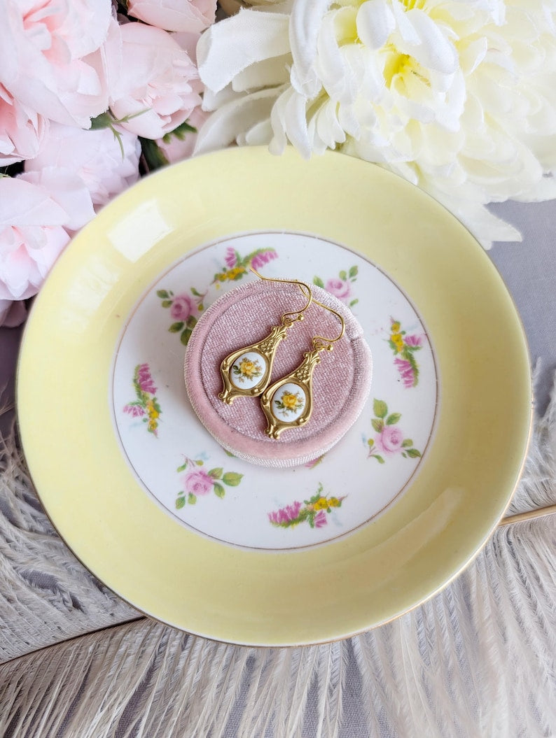 Yellow Rose Limoges Earrings – Vintage Floral Art Nouveau Jewelry