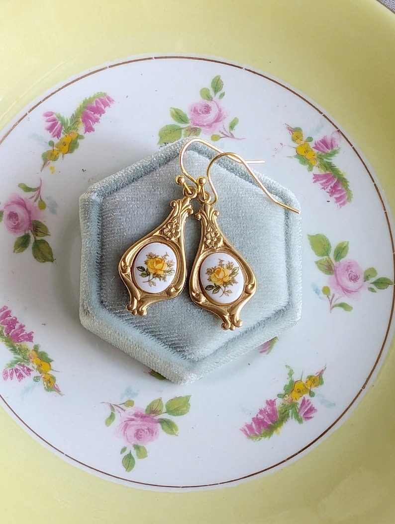 Yellow Rose Limoges Earrings – Vintage Floral Art Nouveau Jewelry