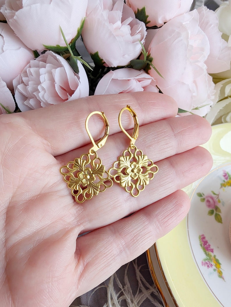 Golden Brass Floral Filigree Earrings: Vintage Inspired Jewelry