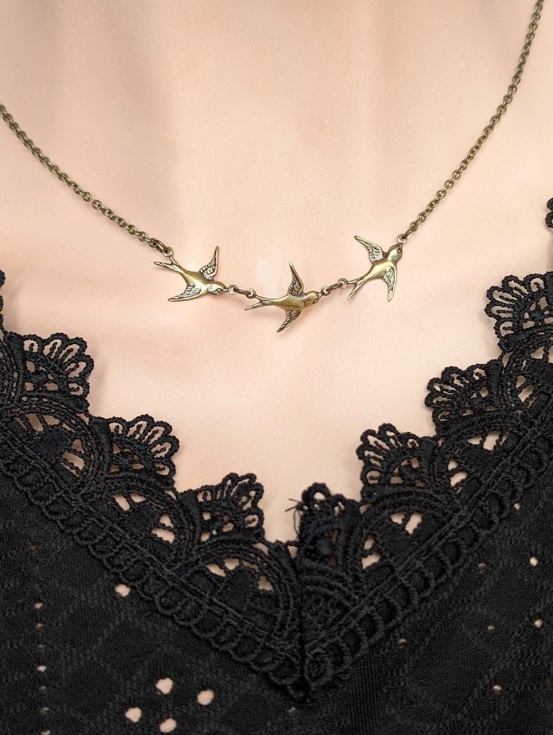 Bronze Swallow Necklace | Three Bird Pendant, Nature-Inspired Jewelry