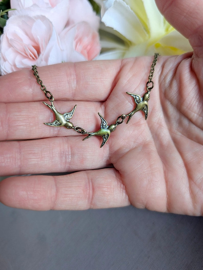 Bronze Swallow Necklace | Three Bird Pendant, Nature-Inspired Jewelry