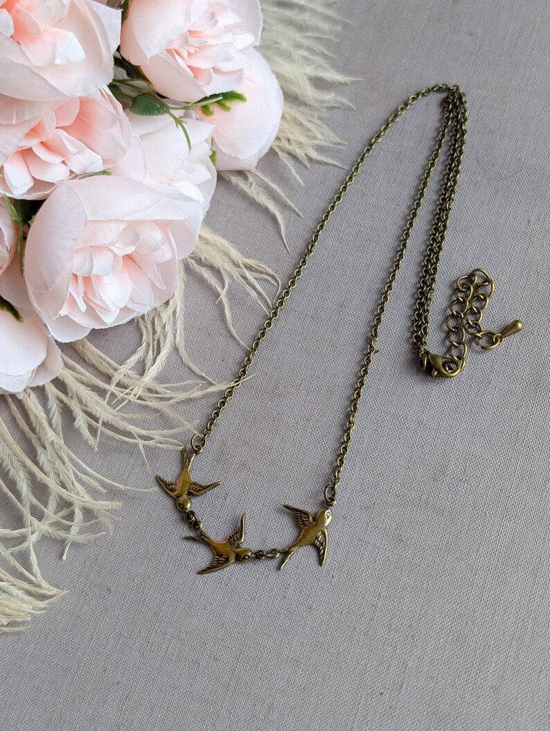 Bronze Swallow Necklace | Three Bird Pendant, Nature-Inspired Jewelry