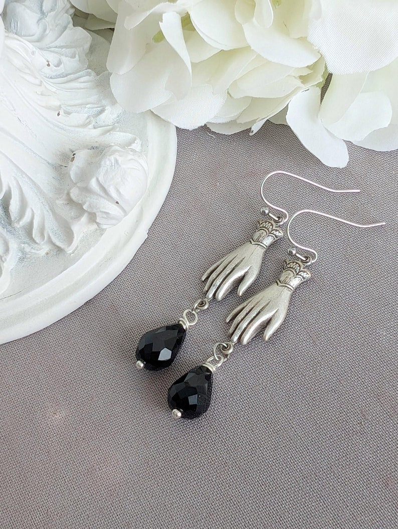 Victorian Hand Earrings – Gothic Silver with Black Teardrop Beads