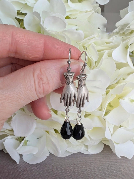 Victorian Hand Earrings – Gothic Silver with Black Teardrop Beads