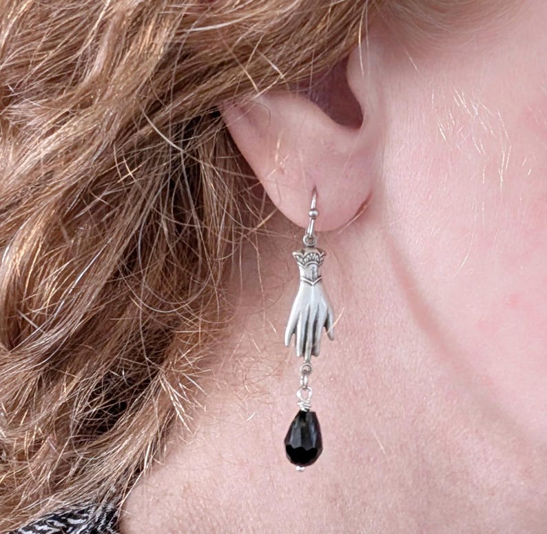Victorian Hand Earrings – Gothic Silver with Black Teardrop Beads