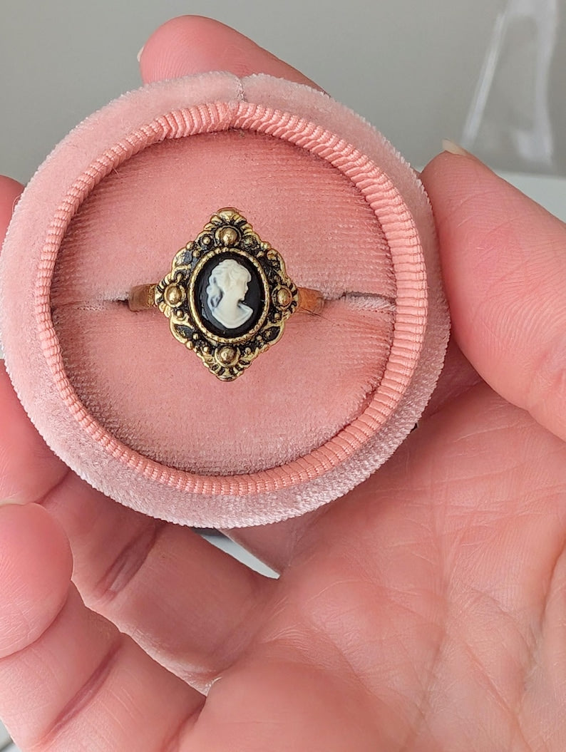 Antiqued Gold Cameo Ring, Adjustable Victorian Style Jewelry