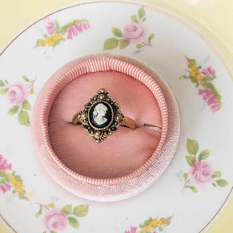 Antiqued Gold Cameo Ring, Adjustable Victorian Style Jewelry