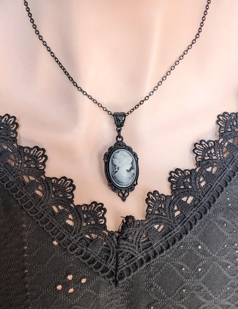 Gothic Blue Cameo Necklace: Ornate Black Vintage Style Jewelry