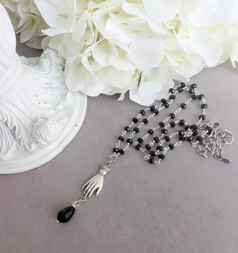 Victorian Hand Necklace, Gothic Rosary Bead Jewelry for Her