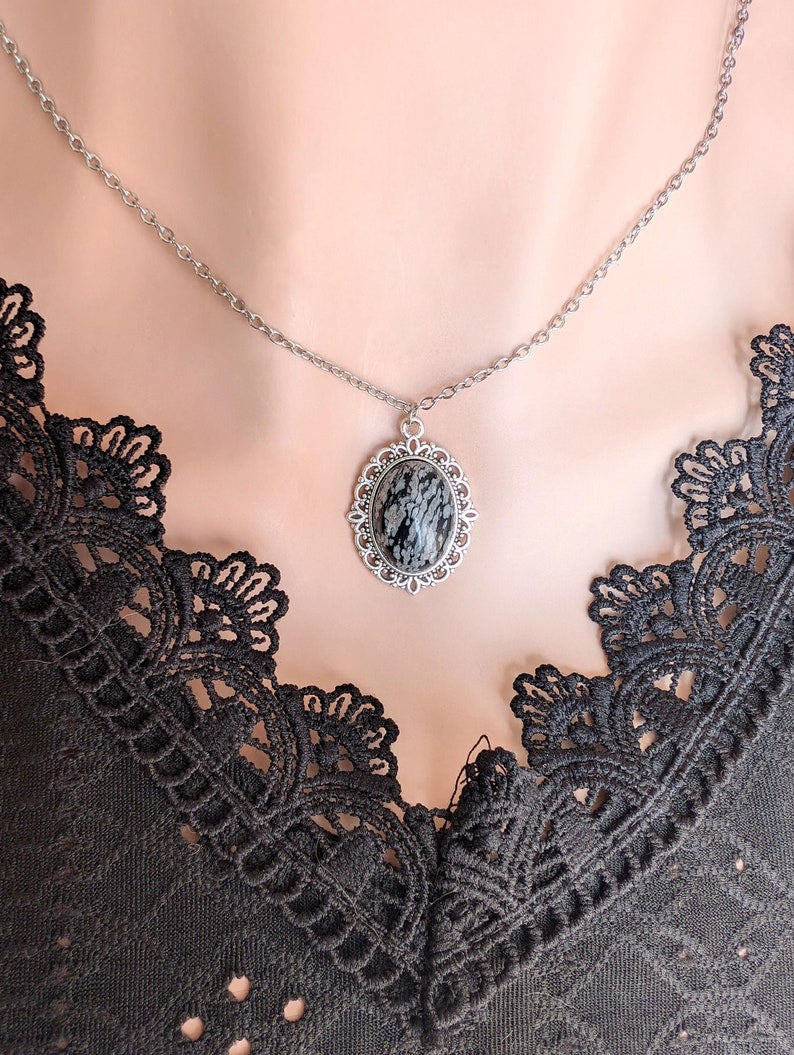 Snowflake Obsidian Necklace, Gothic Vintage Crystal Pendant Jewelry