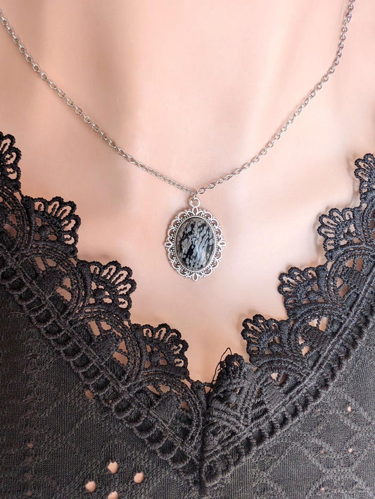 Snowflake Obsidian Necklace, Gothic Vintage Crystal Pendant Jewelry