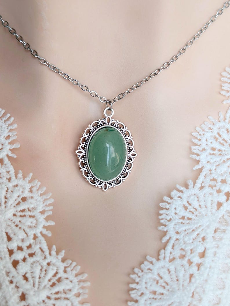 Aventurine Necklace, Green Gemstone Lacy Pendant, Boho Crystal Jewelry