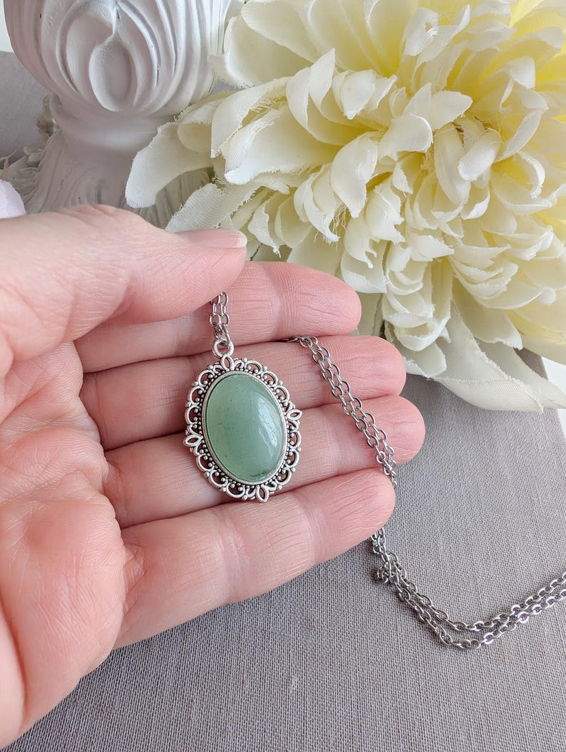 Aventurine Necklace, Green Gemstone Lacy Pendant, Boho Crystal Jewelry